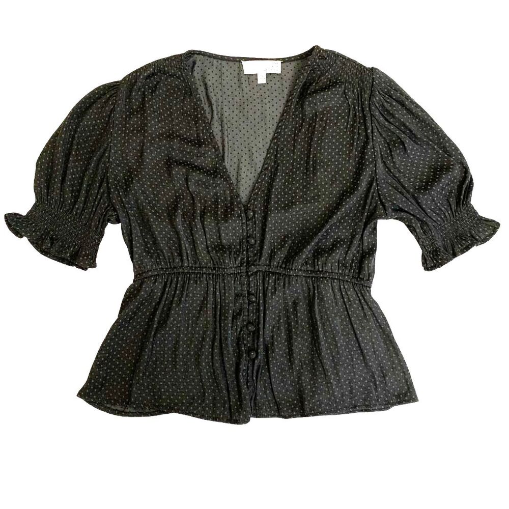 Ten Sixty Sherman Black Small Square Print Puff Sleeve V-Neck Peplum Top S
